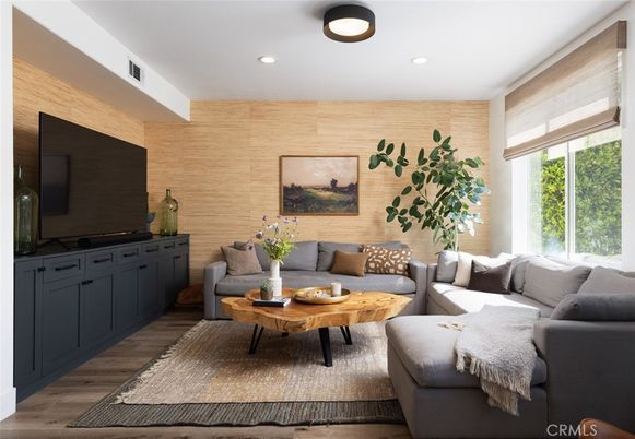 Interior, Living room, Recessed Lighting, Wood Texture Flooring, Wooden Walls
