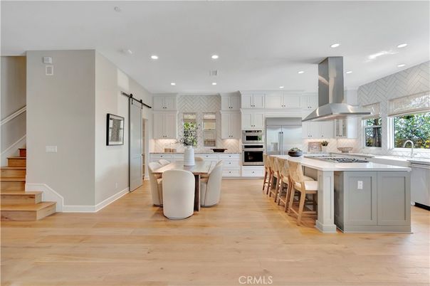 Dining room, Interior, Kitchen, Recessed Lighting, Stainless Steel Appliances, Wood Texture Flooring