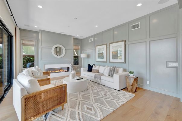 Fireplace, Interior, Living room, Recessed Lighting, Wood Texture Flooring