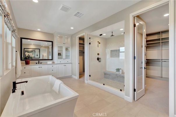 Bathroom, Dual Sink Vanities, Glass Shower, Interior, Recessed Lighting, Walk-in Closets