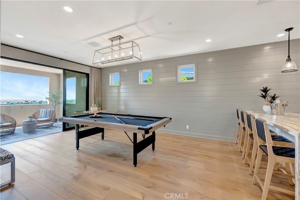 Billiard Table, Game Room, Interior, Pendant Lights, Recessed Lighting, Wood Texture Flooring