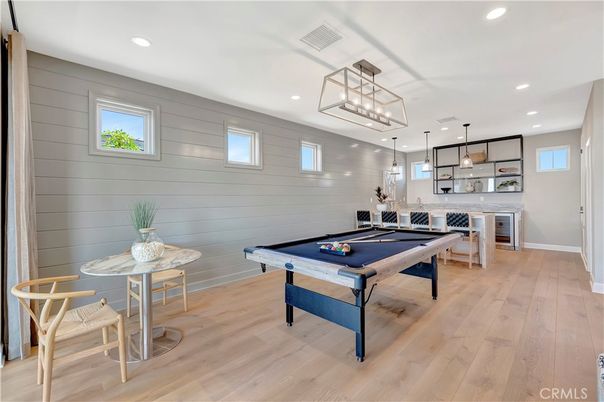 Billiard Table, Game Room, Interior, Pendant Lights, Recessed Lighting, Wood Texture Flooring
