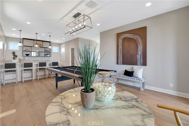 Billiard Table, Dining room, Game Room, Interior, Kitchen, Pendant Lights, Recessed Lighting, Wood Texture Flooring