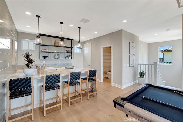 Billiard Table, Game Room, Interior, Pendant Lights, Recessed Lighting, Wood Texture Flooring