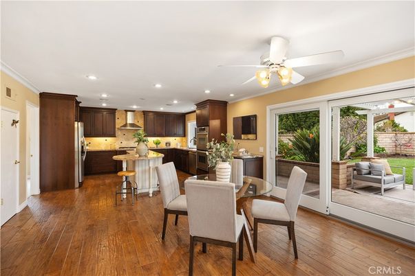 Dining room, Interior, Kitchen, Recessed Lighting, Stainless Steel Appliances, Wood Texture Flooring