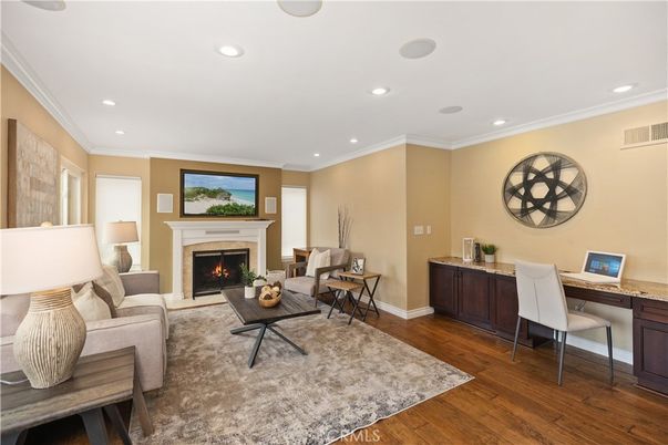 Fireplace, Home Office, Interior, Living room, Recessed Lighting, Wood Texture Flooring