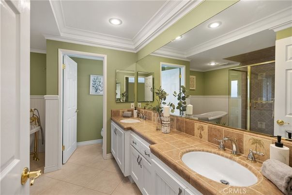 Bathroom, Dual Sink Vanities, Glass Shower, Interior, Recessed Lighting, Tile Countertops