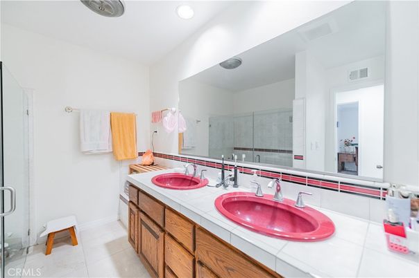 Bathroom, Dual Sink Vanities, Glass Shower, Interior, Recessed Lighting, Tile Countertops