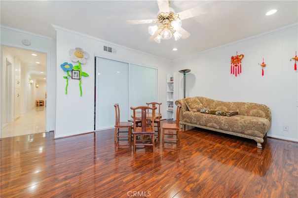 Dining room, Interior, Recessed Lighting, Wood Texture Flooring