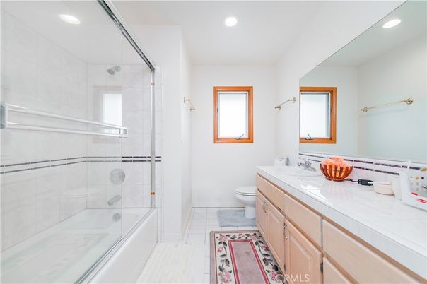 Bathroom, Glass Shower, Interior, Recessed Lighting, Tile Countertops