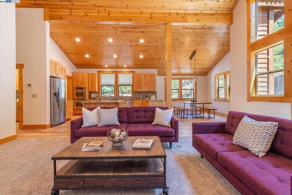 Dining room, Interior, Kitchen, Living room, Pendant Lights, Recessed Lighting, Stainless Steel Appliances, Wooden Ceilings, Wood Texture Flooring