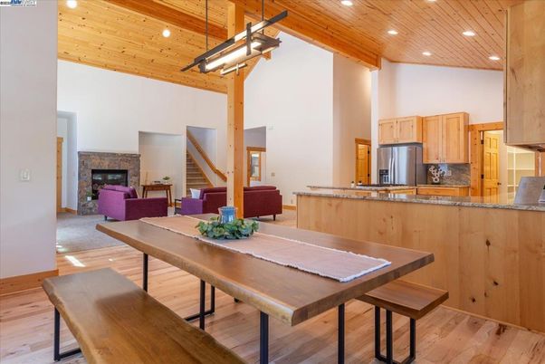 Dining room, Fireplace, Interior, Kitchen, Living room, Pendant Lights, Recessed Lighting, Wooden Ceilings, Wood Texture Flooring