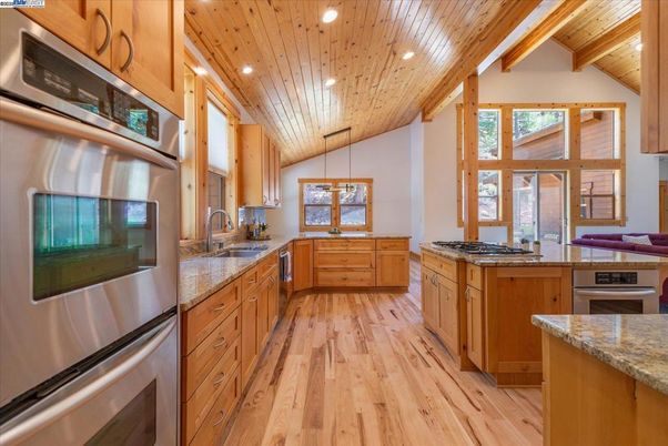 Interior, Kitchen, Pendant Lights, Recessed Lighting, Stainless Steel Appliances, Wooden Beams, Wooden Ceilings, Wood Texture Flooring