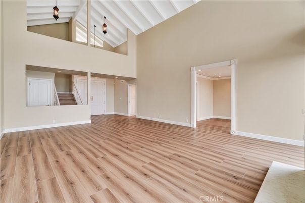 Empty room, Interior, Pendant Lights, Recessed Lighting, Wood Texture Flooring
