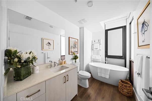 Bathroom, Dual Sink Vanities, Free Standing Baths, Interior, Wood Texture Flooring