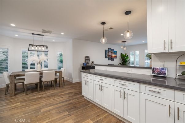 Dining room, Interior, Pendant Lights, Recessed Lighting, Wood Texture Flooring