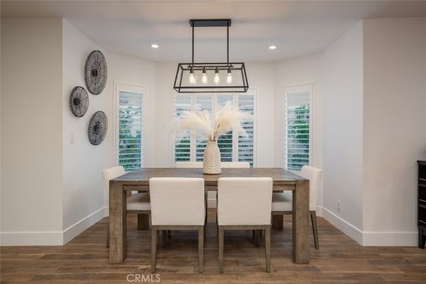 Dining room, Interior, Pendant Lights, Recessed Lighting, Wood Texture Flooring