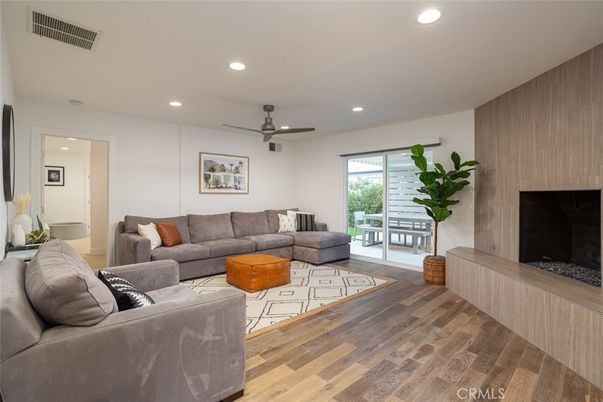 Fireplace, Interior, Living room, Recessed Lighting, Wood Texture Flooring