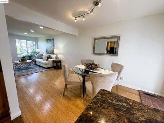 Dining room, Interior, Living room, Recessed Lighting, Wood Texture Flooring