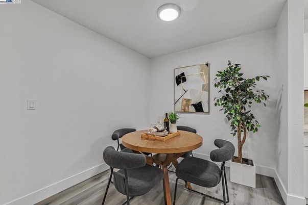 Dining room, Interior, Recessed Lighting, Wood Texture Flooring