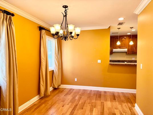 Chandelier, Empty room, Interior, Kitchen, Pendant Lights, Recessed Lighting, Wood Texture Flooring