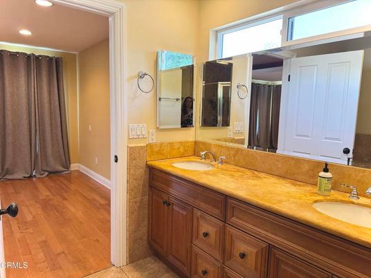 Bathroom, Dual Sink Vanities, Interior, Recessed Lighting, Wood Texture Flooring