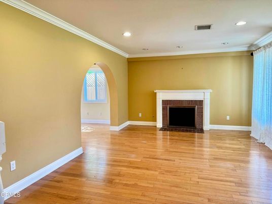 Empty room, Fireplace, Interior, Recessed Lighting, Wood Texture Flooring