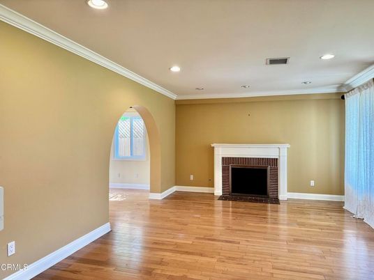 Empty room, Fireplace, Interior, Recessed Lighting, Wood Texture Flooring