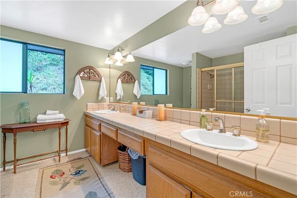 Bathroom, Dual Sink Vanities, Glass Shower, Interior, Tile Countertops