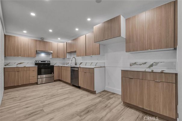 Interior, Kitchen, Recessed Lighting, Stainless Steel Appliances, Wood Texture Flooring