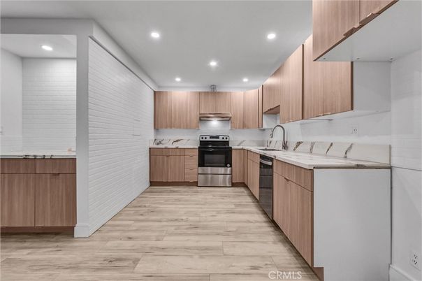 Interior, Kitchen, Recessed Lighting, Stainless Steel Appliances, Wood Texture Flooring