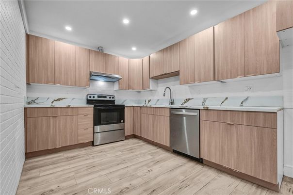 Interior, Kitchen, Recessed Lighting, Stainless Steel Appliances, Wood Texture Flooring