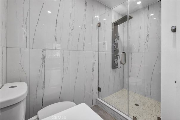 Bathroom, Glass Shower, Interior, Marble Walls, Recessed Lighting