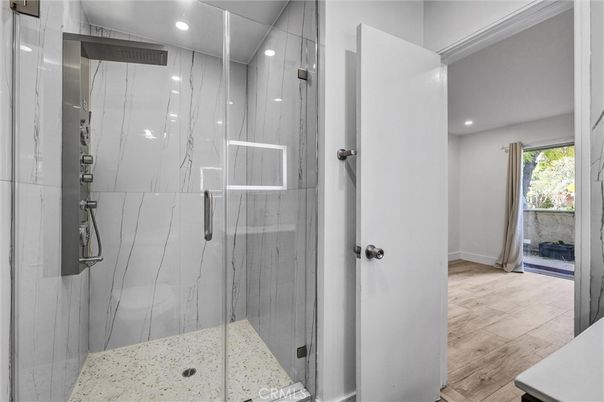 Bathroom, Glass Shower, Interior, Recessed Lighting, Wood Texture Flooring