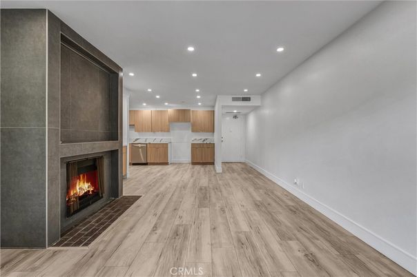 Fireplace, Interior, Recessed Lighting, Wood Texture Flooring