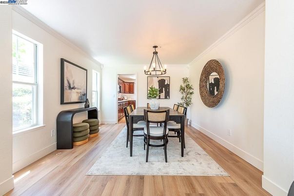 Dining room, Interior, Pendant Lights, Wood Texture Flooring