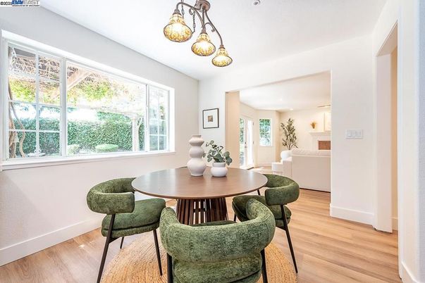 Dining room, Interior, Pendant Lights, Wood Texture Flooring
