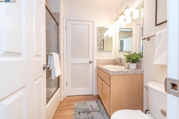 Bathroom, Interior, Tile Countertops, Wood Texture Flooring