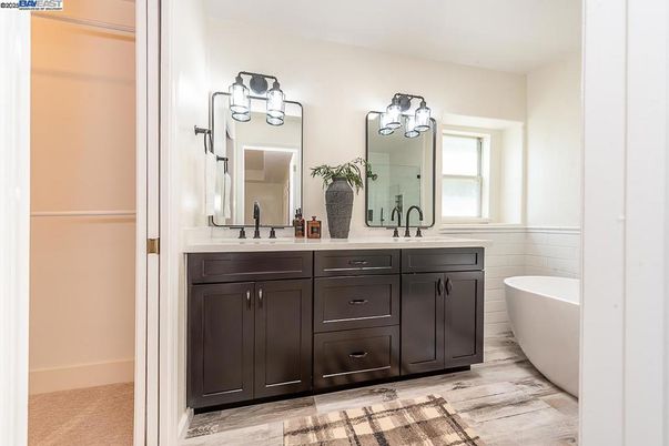 Bathroom, Dual Sink Vanities, Free Standing Baths, Interior, Wood Texture Flooring