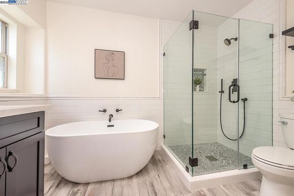 Bathroom, Free Standing Baths, Glass Shower, Interior, Wood Texture Flooring