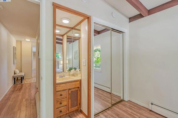 Bathroom, Interior, Recessed Lighting, Wooden Beams, Wood Texture Flooring