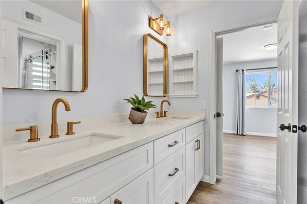 Bathroom, Dual Sink Vanities, Interior, Wood Texture Flooring