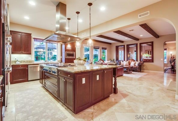 Dining room, Interior, Kitchen, Living room, Pendant Lights, Recessed Lighting, Stainless Steel Appliances, Wooden Beams