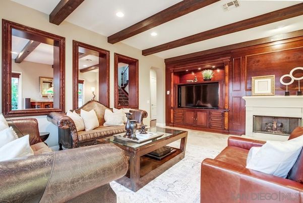 Fireplace, Interior, Living room, Recessed Lighting, Wooden Beams