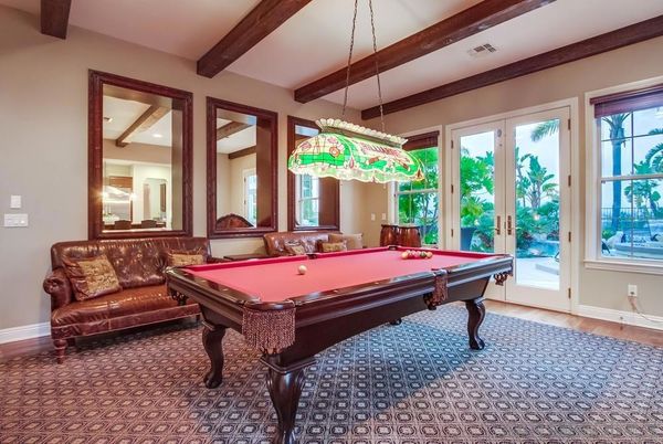 Billiard Table, Game Room, Interior, Pendant Lights, Wooden Beams, Wood Texture Flooring