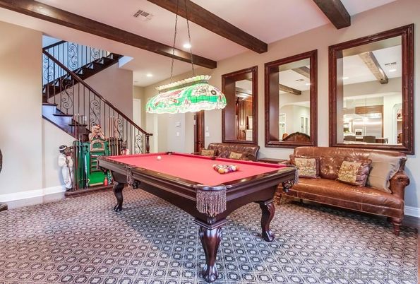 Billiard Table, Game Room, Interior, Pendant Lights, Recessed Lighting, Wooden Beams