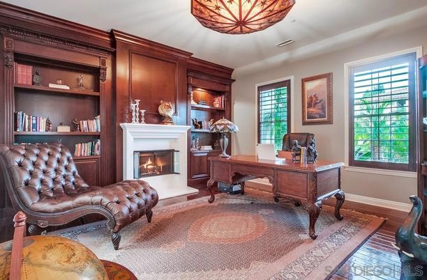 Fireplace, Home Office, Interior, Wood Texture Flooring, Wooden Walls