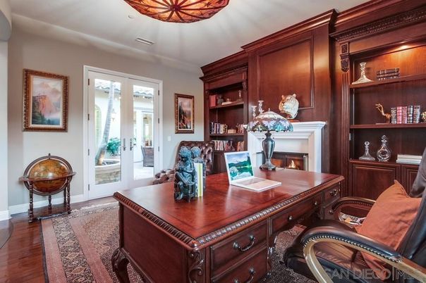 Fireplace, Home Office, Interior, Recessed Lighting, Wood Texture Flooring, Wooden Walls