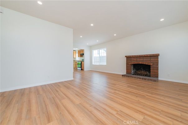 Empty room, Fireplace, Interior, Recessed Lighting, Wood Texture Flooring