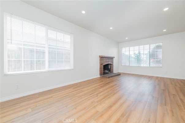 Empty room, Fireplace, Interior, Recessed Lighting, Wood Texture Flooring